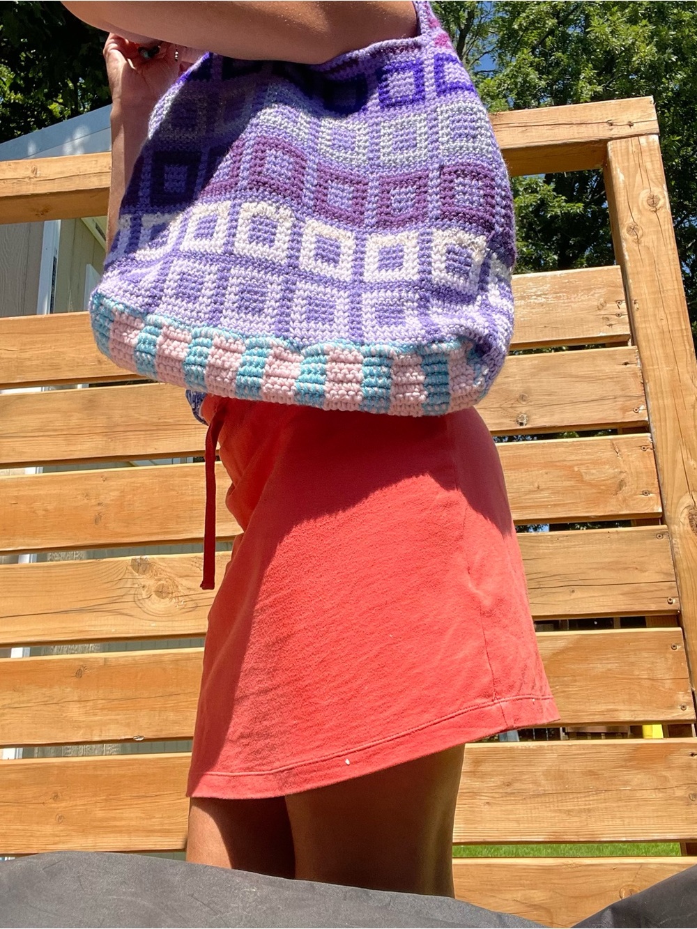 Handmade Purple Crochet Tote Bag with Geometric Squares